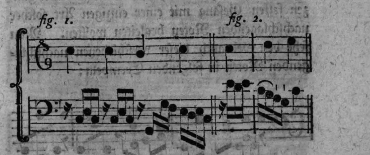 Notenbeyspiel: zweistimmiger Satz (Alt-/Tenorschlüssel), fig. 1 und fig. 2, Pause bzw. Wechselnote anstelle des Anschlags illustrierend