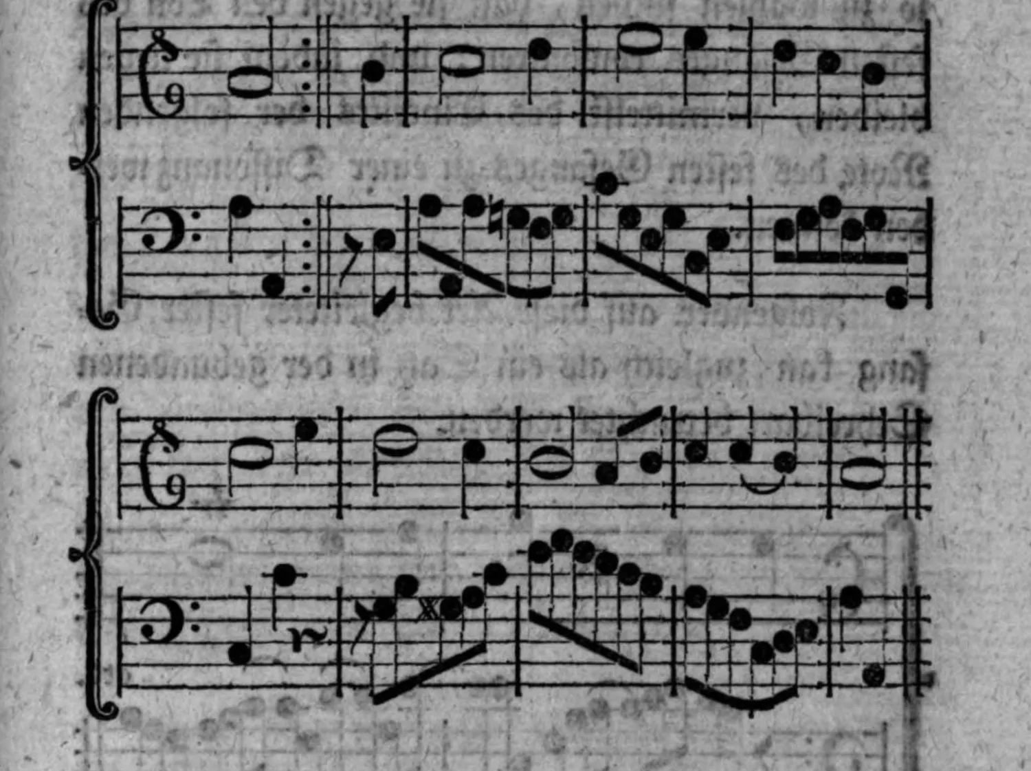 Notenbeyspiel: zwey zweistimmige Systeme (Alt-/Tenorschlüssel) im 3/4-Tact, den festen Gesang in der ungeraden Tactart illustrierend <span class=