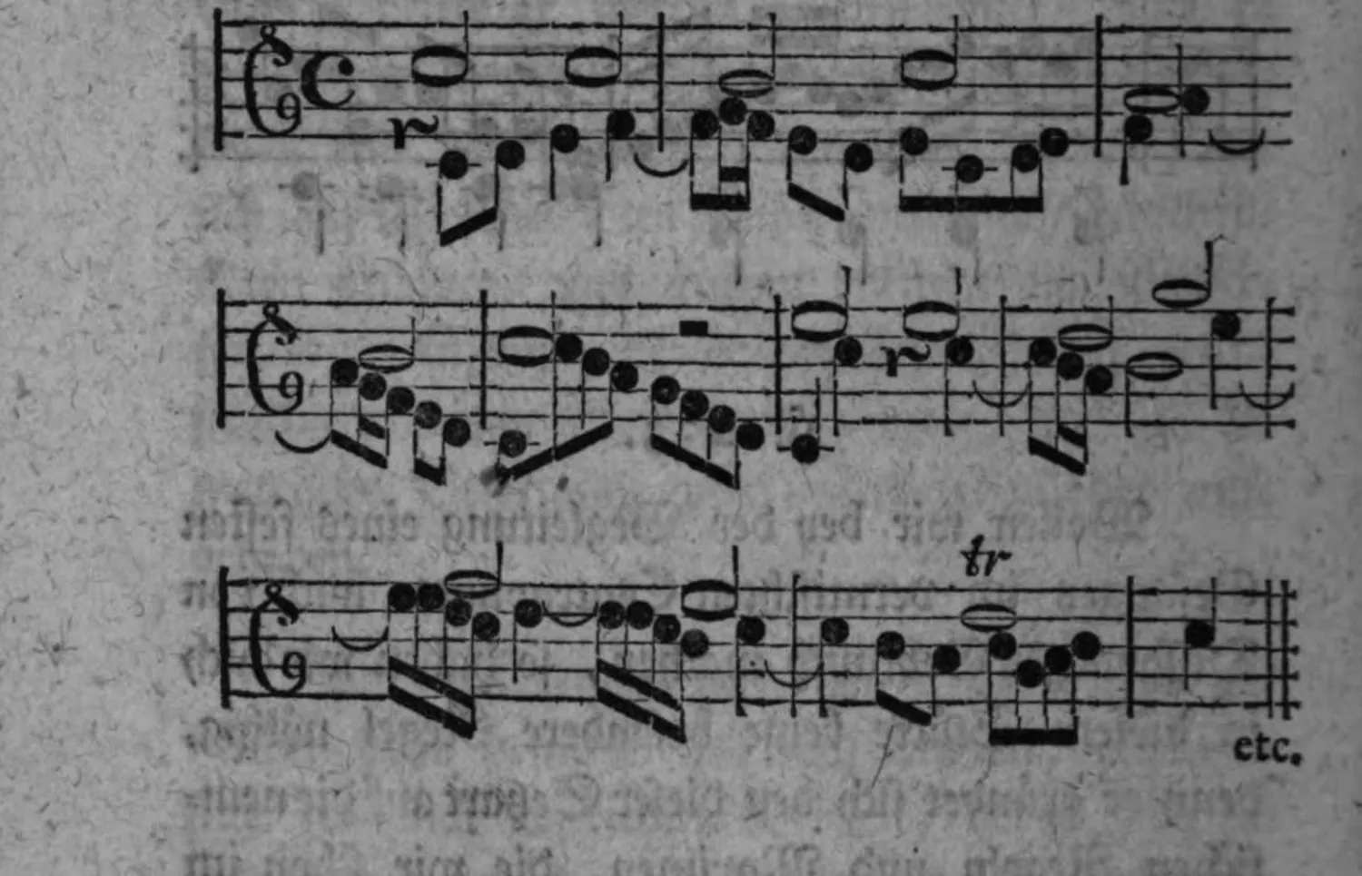 Notenbeyspiel: zweistimmiger Satz (Alt-/Tenorschlüssel) mit »r«-Bezeichnungen, endend mit »etc.«