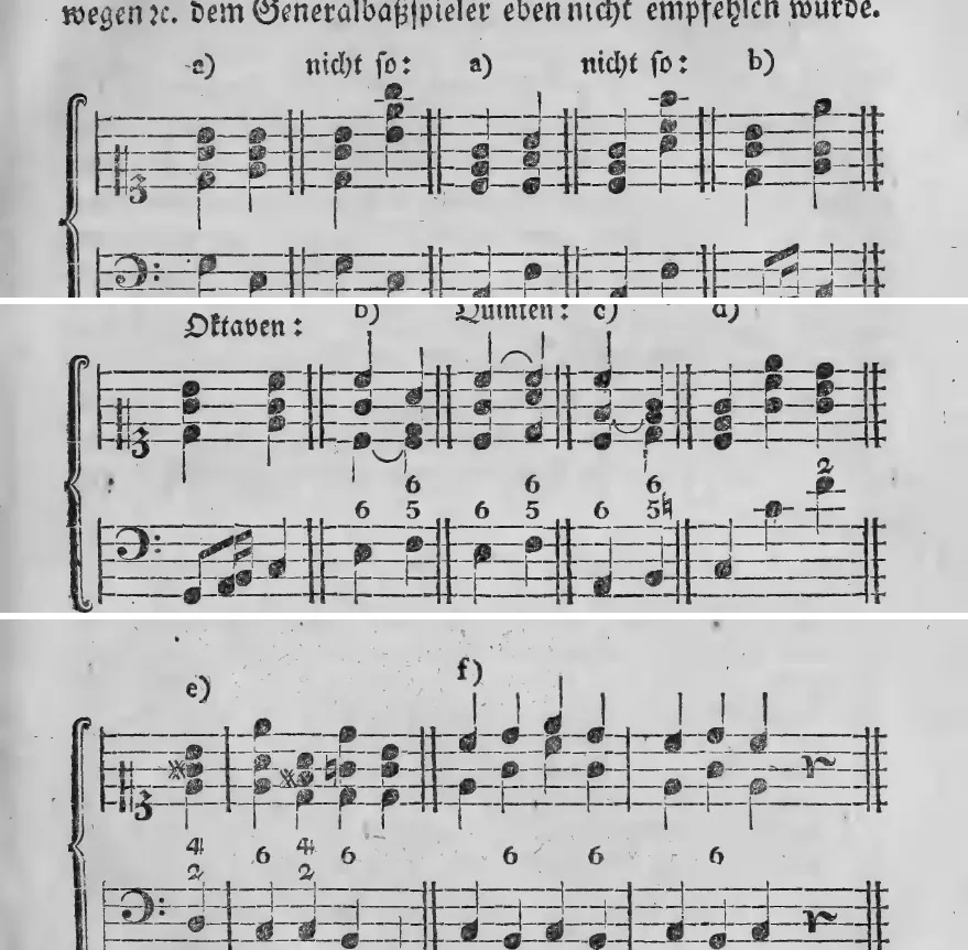 Notenbeyspiel: a) nicht so: a) nicht so: b) – bezifferte Beyspiele zu Akkordgriffen und Sprüngen · Oktaven: b) Quinten: c) d) – bezifferte Beyspiele mit verdeckten Oktaven und Quinten · e) f) – bezifferte Beyspiele zu erlaubten Sprüngen